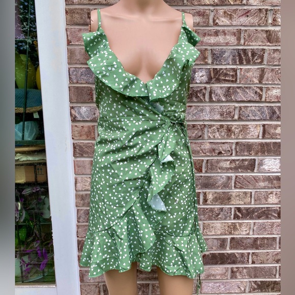 SHEIN Dresses & Skirts - NWOTs Green Apple & White Floral Wrap Around Ruffle Sundress
